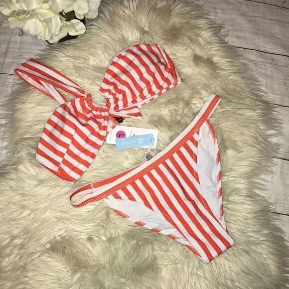 NEW Cupshe Striped One Shoulder Bikini Orange - Picture 2 of 12